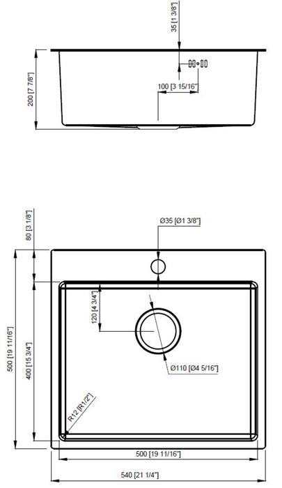 Køkkenvask sort 540 x 500 mm